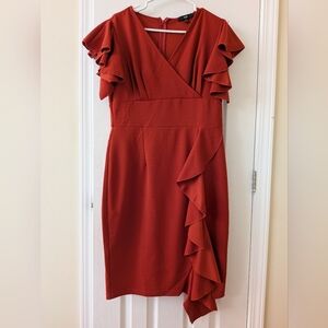 Chic Asymmetrical Orange ,Copper Dress with Ruffle Sleeves